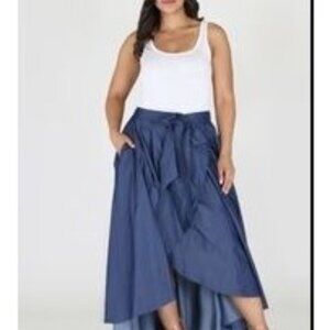 High-Low Denim Blue Maxi Skirt With Elastic Waistband & Tie Belt